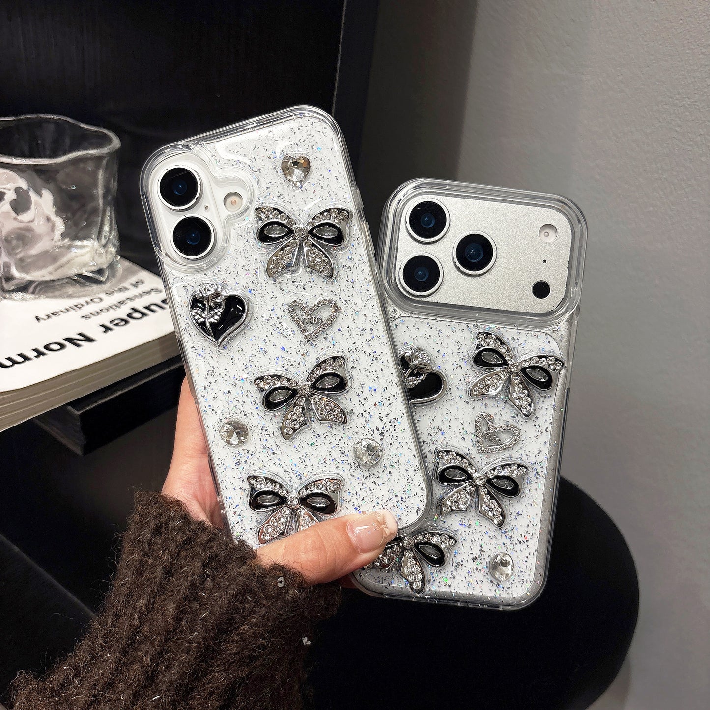 iPhone 15 SERIES (15, 15 Pro & 15 PLUS) Mobile phone case - CUSTOM DESIGNED Black/Silver BOWS & HEARTS (Copy) (Copy)