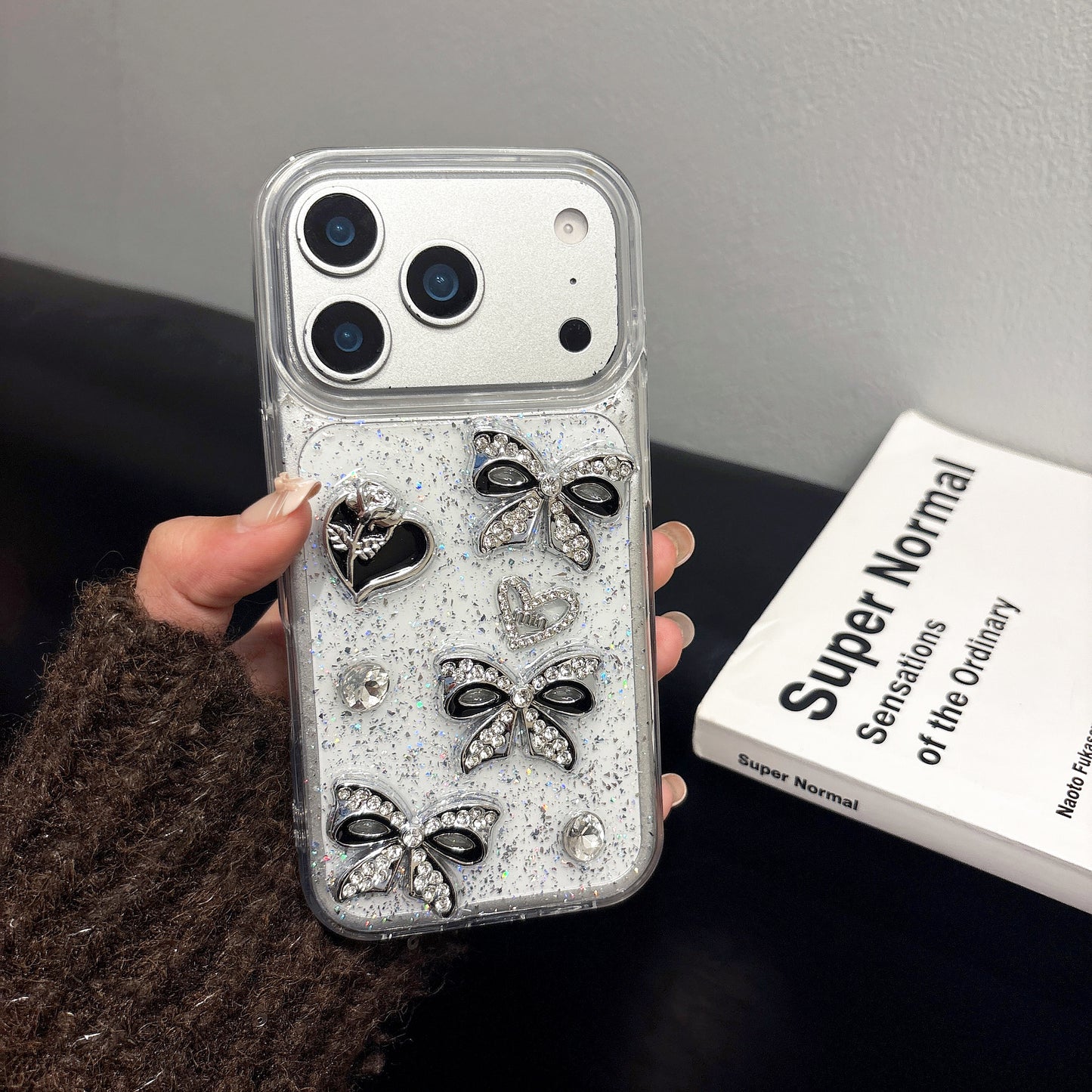 iPhone 15 SERIES (15, 15 Pro & 15 PLUS) Mobile phone case - CUSTOM DESIGNED Black/Silver BOWS & HEARTS (Copy) (Copy)