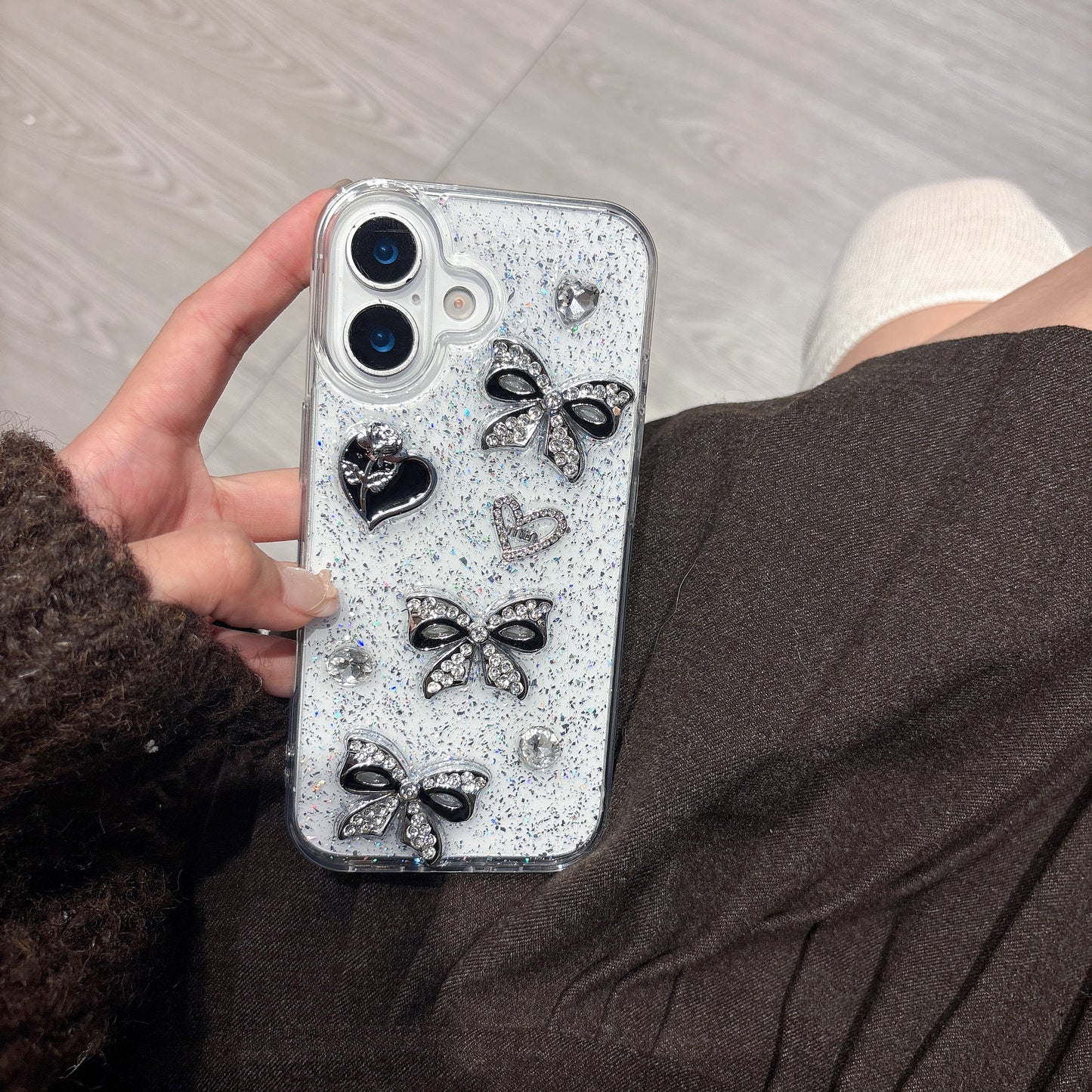 iPhone 15 SERIES (15, 15 Pro & 15 PLUS) Mobile phone case - CUSTOM DESIGNED Black/Silver BOWS & HEARTS (Copy) (Copy)