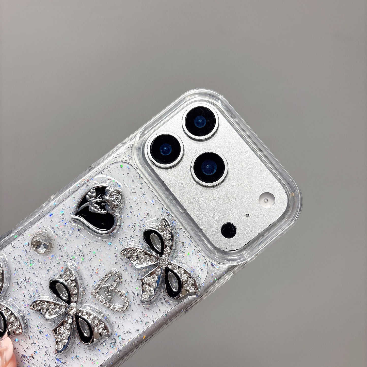 iPhone 15 SERIES (15, 15 Pro & 15 PLUS) Mobile phone case - CUSTOM DESIGNED Black/Silver BOWS & HEARTS (Copy) (Copy)