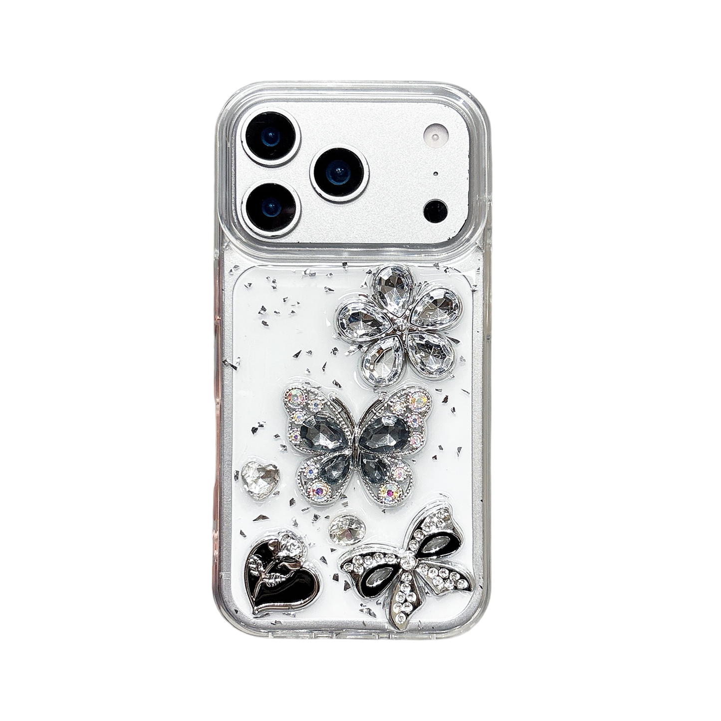 iPhone 15 SERIES (15, 15 Pro & 15 PLUS) Mobile phone case - CUSTOM DESIGNED Black/Silver BOWS & HEARTS (Copy) (Copy)