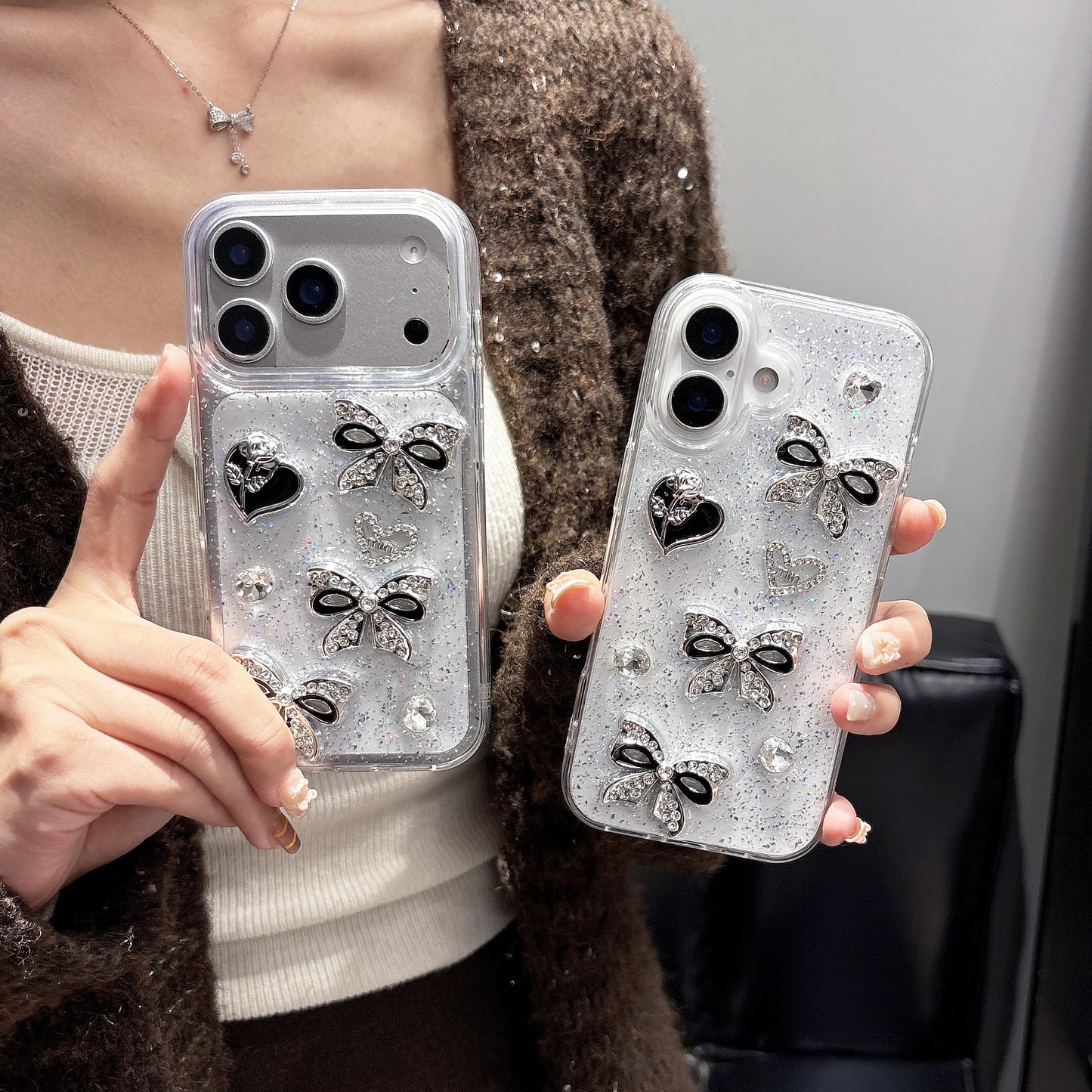 iPhone 15 SERIES (15, 15 Pro & 15 PLUS) Mobile phone case - CUSTOM DESIGNED Black/Silver BOWS & HEARTS (Copy) (Copy)