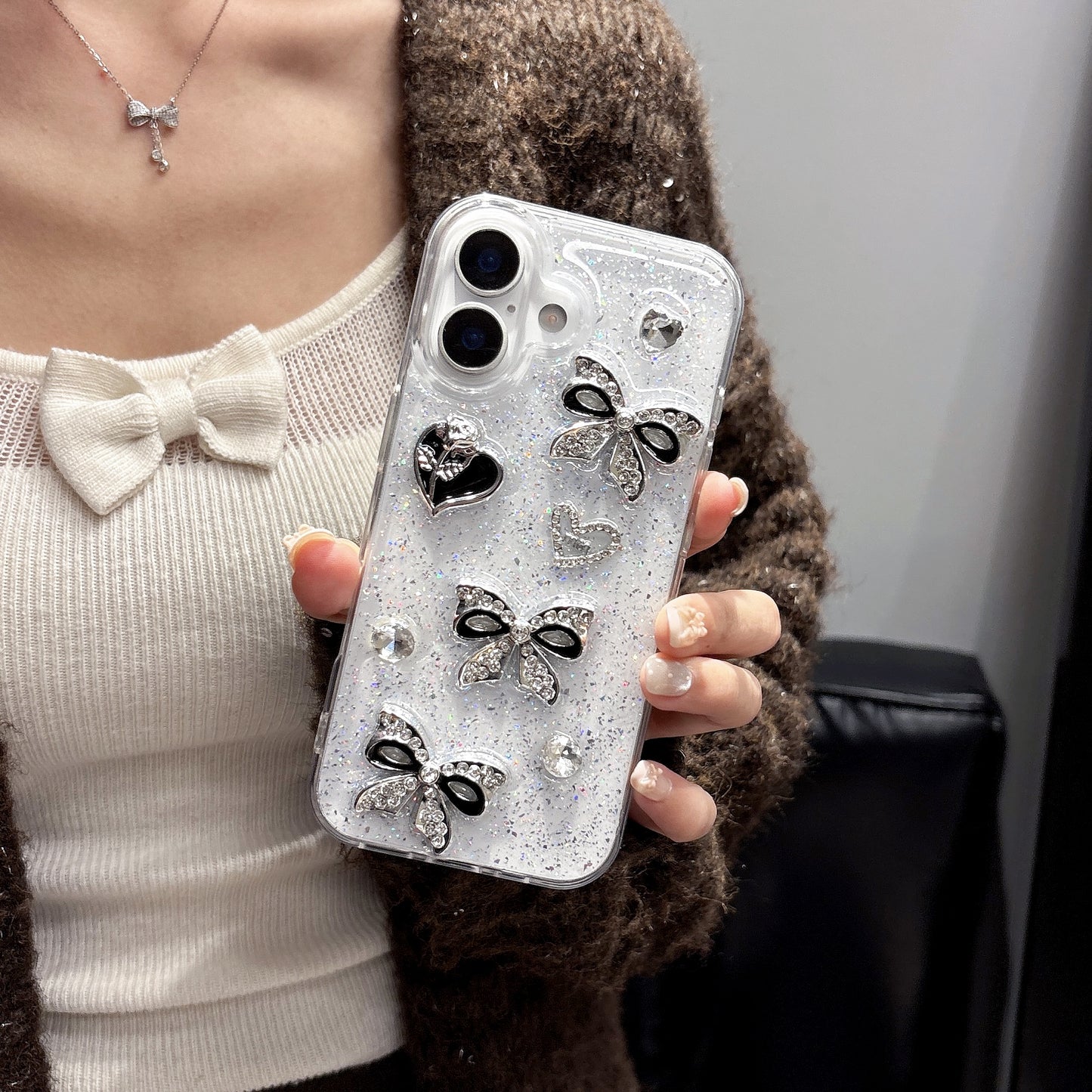 iPhone 15 SERIES (15, 15 Pro & 15 PLUS) Mobile phone case - CUSTOM DESIGNED Black/Silver BOWS & HEARTS (Copy) (Copy)