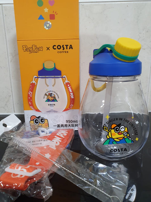 RARE PonPon Star x COSTA COFFEE 950mL "Belly" Water Bottle Tumbler Strap  NIB