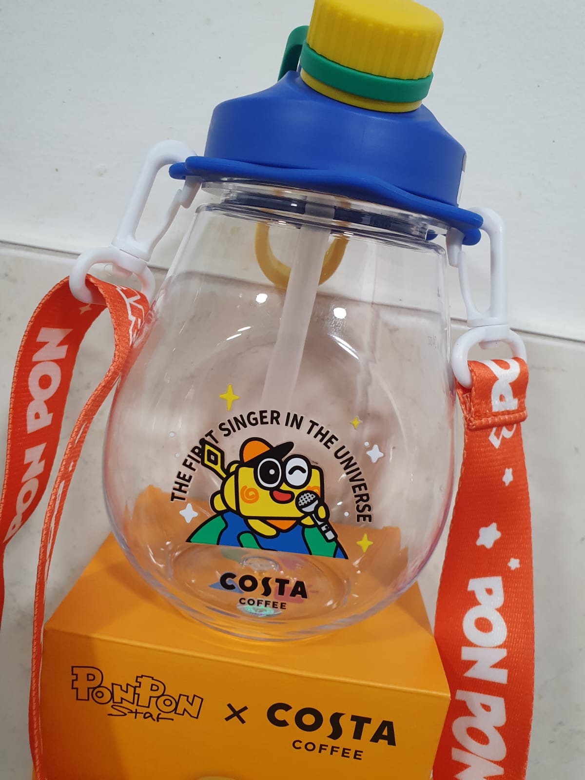 RARE PonPon Star x COSTA COFFEE 950mL "Belly" Water Bottle Tumbler Strap  NIB