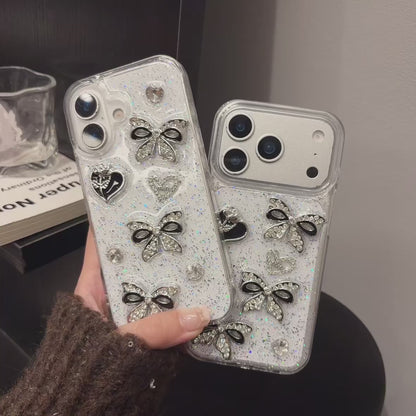 iPhone 15 SERIES (15, 15 Pro & 15 PLUS) Mobile phone case - CUSTOM DESIGNED Black/Silver BOWS & HEARTS (Copy) (Copy)